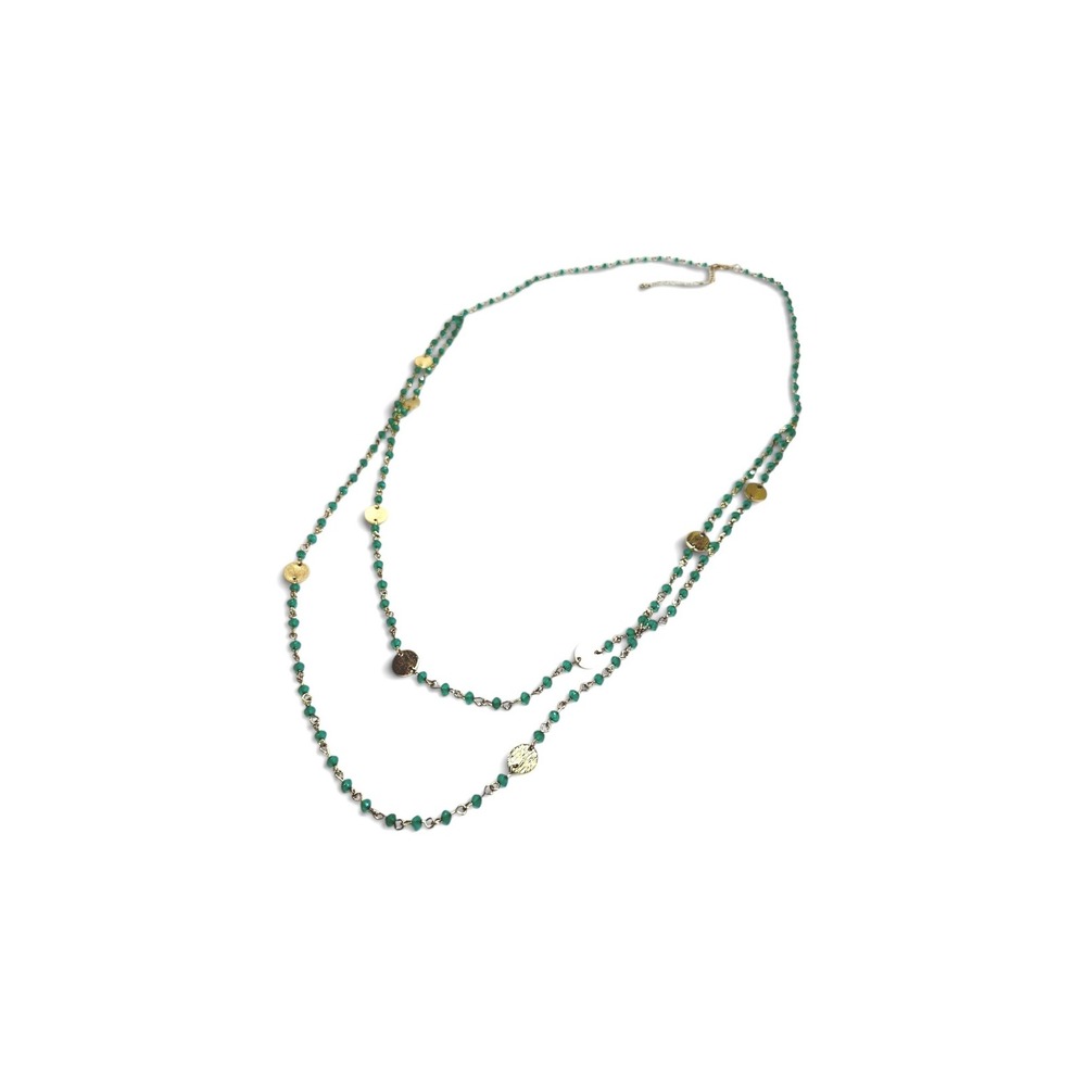 Layered Necklace Womens 36" Green Gold Tone Beaded Coin Boho